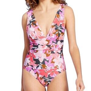 NWT Kona Sol Pink Grey Floral High Coverage One Piece Swimsuit Size Large